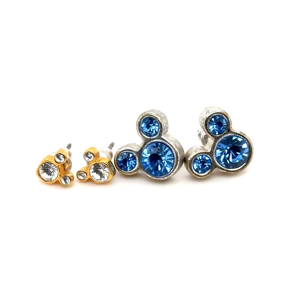 Disney Mickey Mouse Crystal Stud Earring Set Blue and Clear Rhinestone 2 Pairs